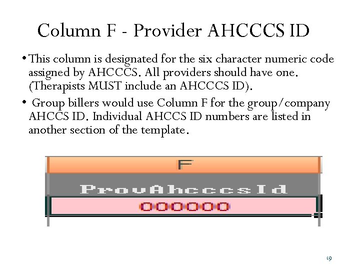 Column F - Provider AHCCCS ID • This column is designated for the six