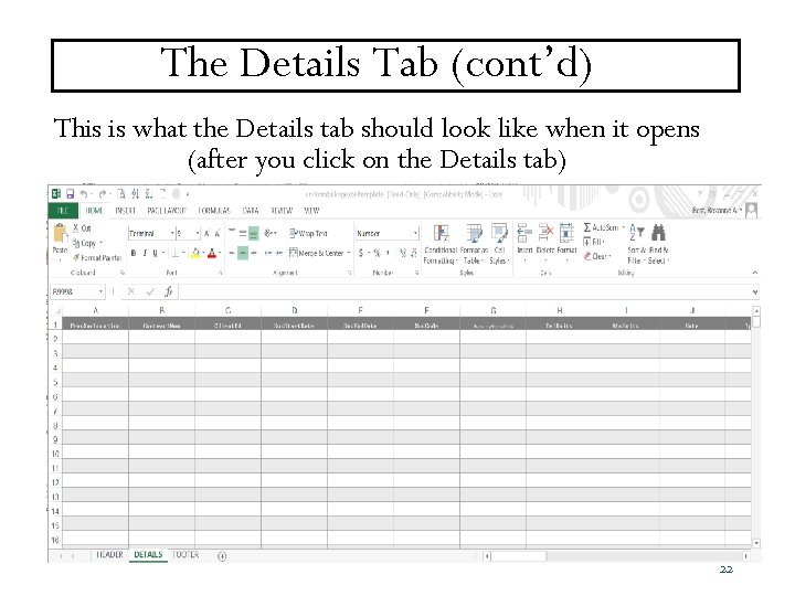 The Details Tab (cont’d) This is what the Details tab should look like when