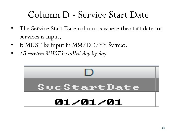 Column D - Service Start Date • The Service Start Date column is where