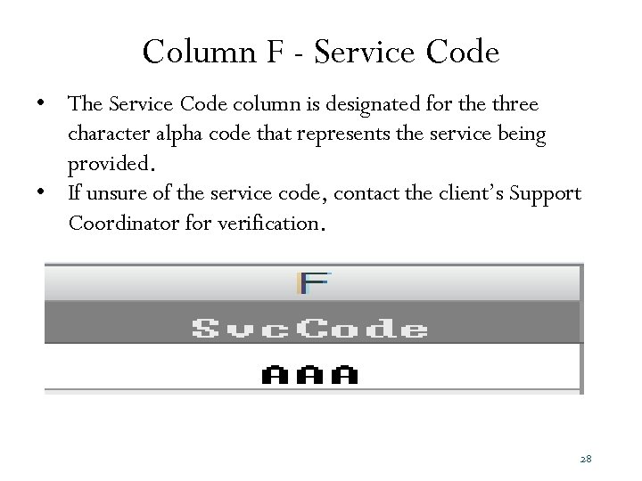 Column F - Service Code • The Service Code column is designated for the