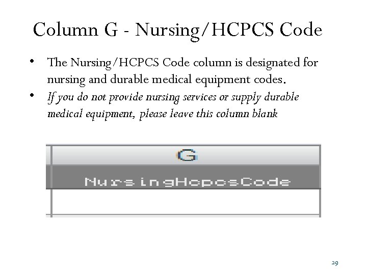 Column G - Nursing/HCPCS Code • The Nursing/HCPCS Code column is designated for nursing