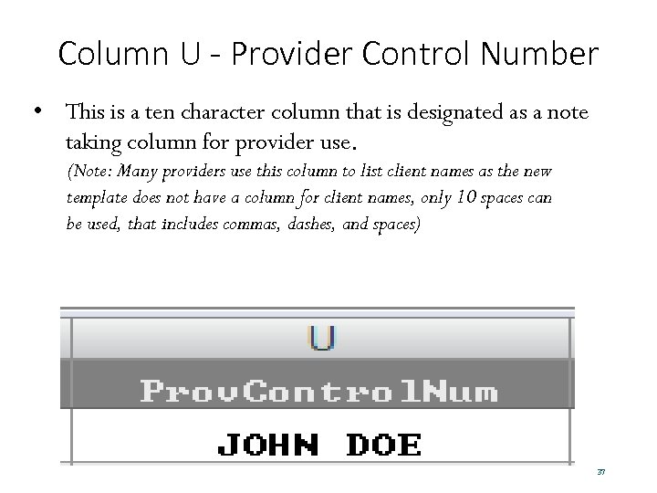 Column U - Provider Control Number • This is a ten character column that
