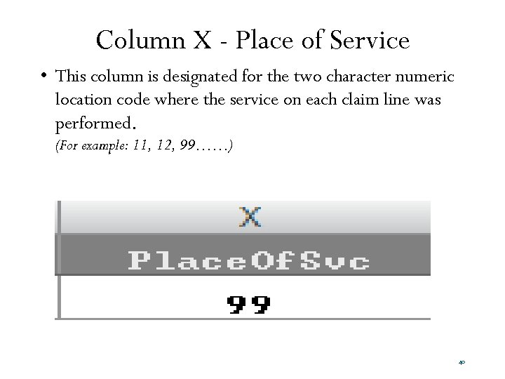 Column X - Place of Service • This column is designated for the two