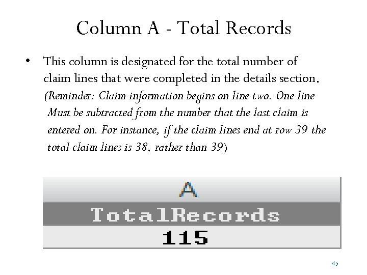Column A - Total Records • This column is designated for the total number