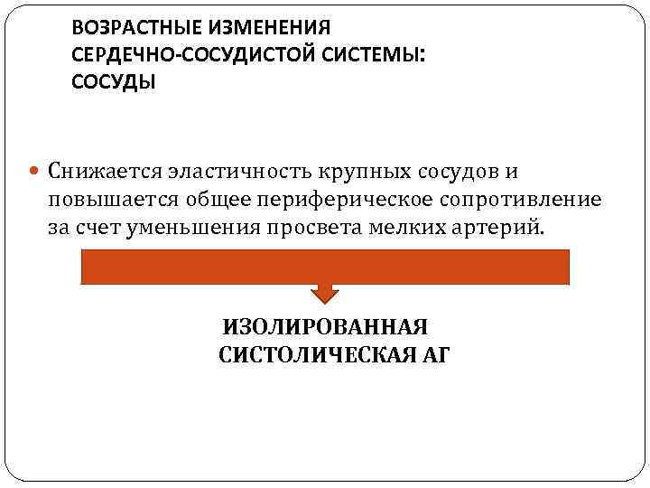 ВОЗРАСТНЫЕ ИЗМЕНЕНИЯ СЕРДЕЧНО-СОСУДИСТОЙ СИСТЕМЫ: СОСУДЫ Снижается эластичность крупных сосудов и повышается общее периферическое сопротивление