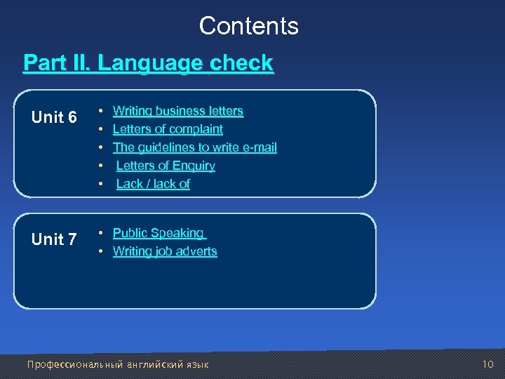 Contents Part II. Language check Unit 6 Unit 7 • • • Writing business