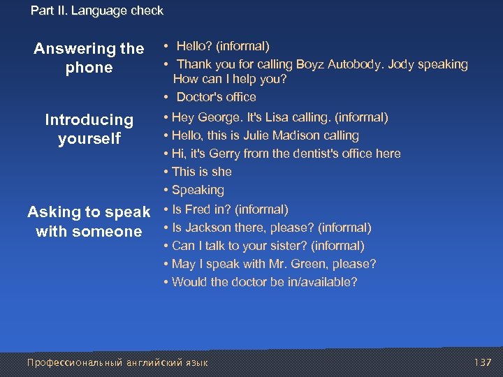 Part II. Language check Answering the • • phone Hello? (informal) Thank you for
