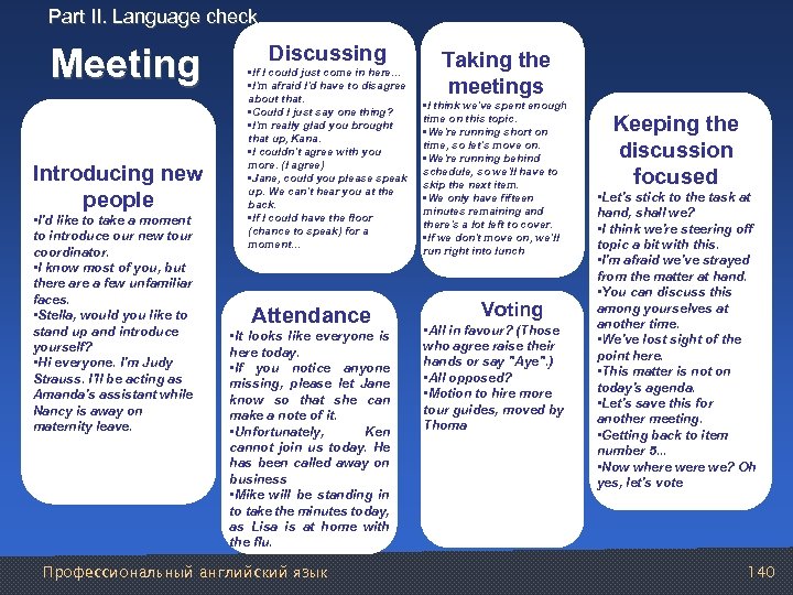 Part II. Language check Meeting Introducing new people • I'd like to take a