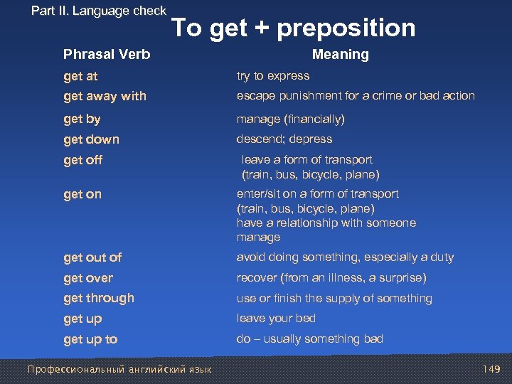 Part II. Language check To get + preposition Phrasal Verb Meaning get at try