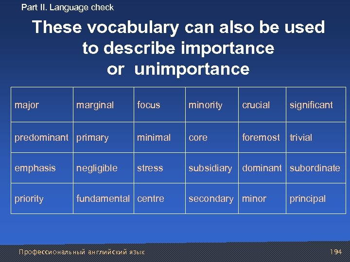 Part II. Language check These vocabulary can also be used to describe importance or