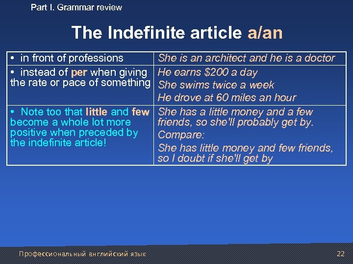 Part I. Grammar review The Indefinite article a/an • in front of professions She