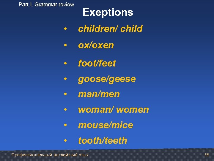 Part I. Grammar review Exeptions • children/ child • ox/oxen • foot/feet • goose/geese