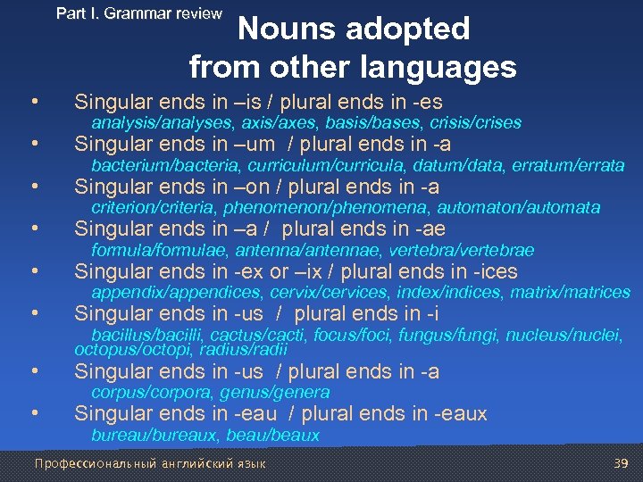 Part I. Grammar review Nouns adopted from other languages • Singular ends in –is