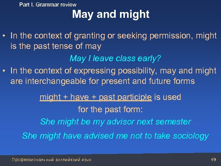 Part I. Grammar review May and might • In the context of granting or