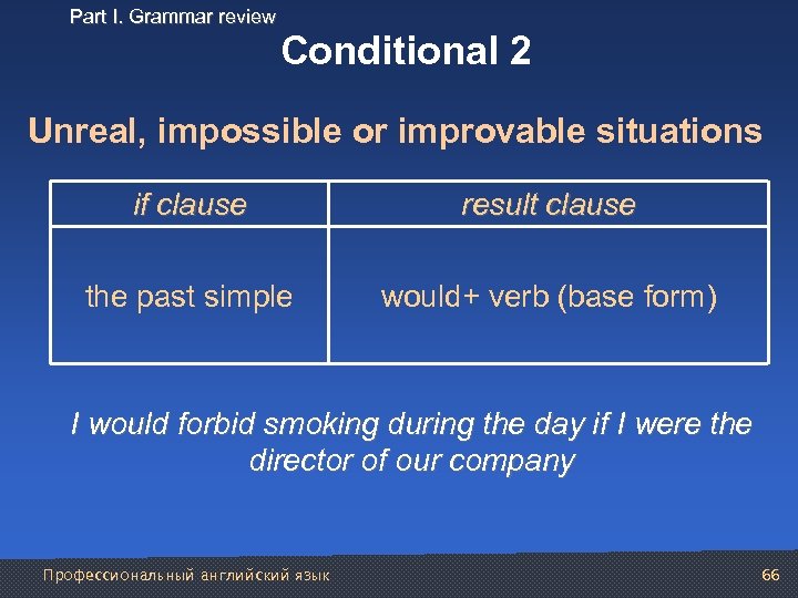 Part I. Grammar review Conditional 2 Unreal, impossible or improvable situations if clause result