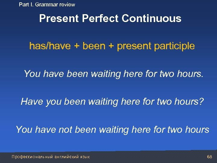 Part I. Grammar review Present Perfect Continuous has/have + been + present participle You