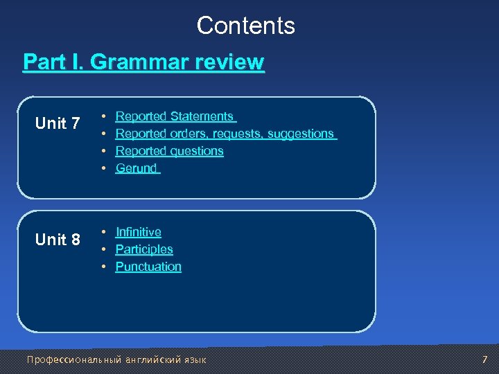 Contents Part I. Grammar review Unit 7 • • Unit 8 • Infinitive •