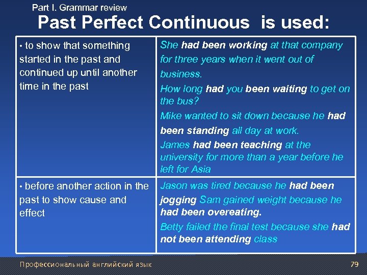 Part I. Grammar review Past Perfect Continuous is used: • to show that something