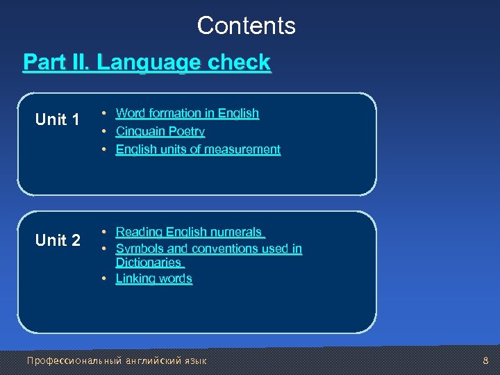 Contents Part II. Language check Unit 1 • Word formation in English • Cinquain