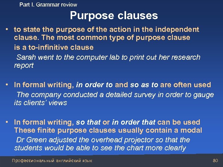 Part I. Grammar review Purpose clauses • to state the purpose of the action