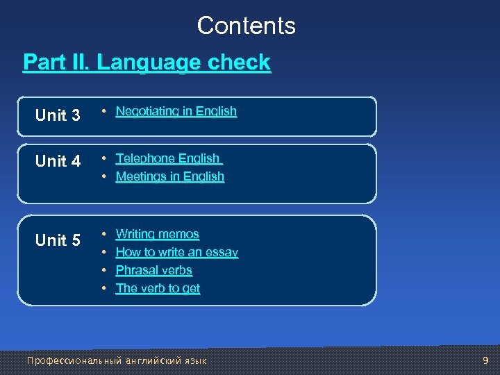 Contents Part II. Language check Unit 3 • Negotiating in English Unit 4 •