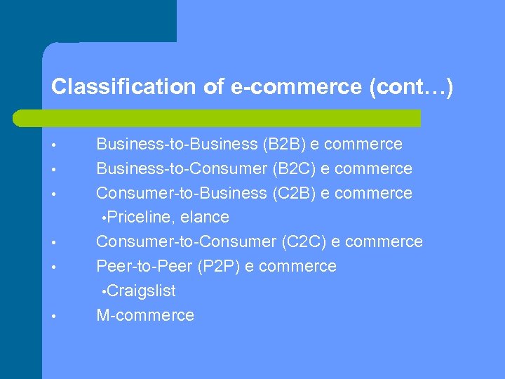 Classification of e-commerce (cont…) • • • Business-to-Business (B 2 B) e commerce Business-to-Consumer