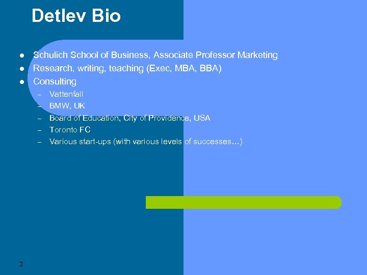 Detlev Bio Schulich School of Business, Associate Professor Marketing Research, writing, teaching (Exec, MBA,