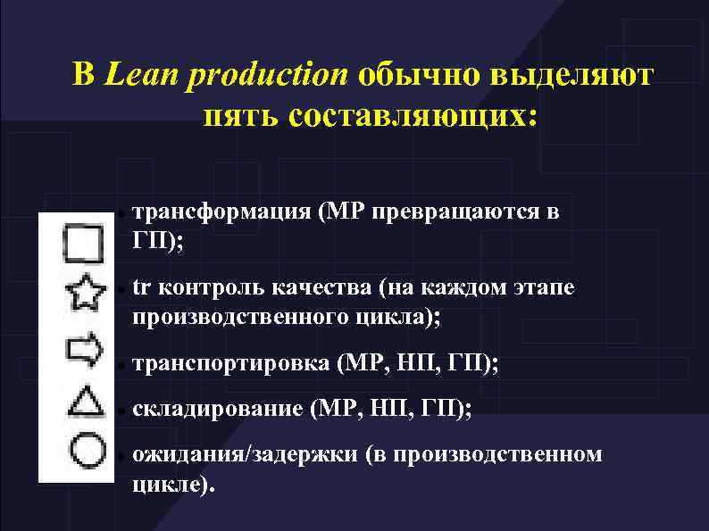 В Lean production обычно выделяют пять составляющих: трансформация (МР превращаются в ГП); tr контроль