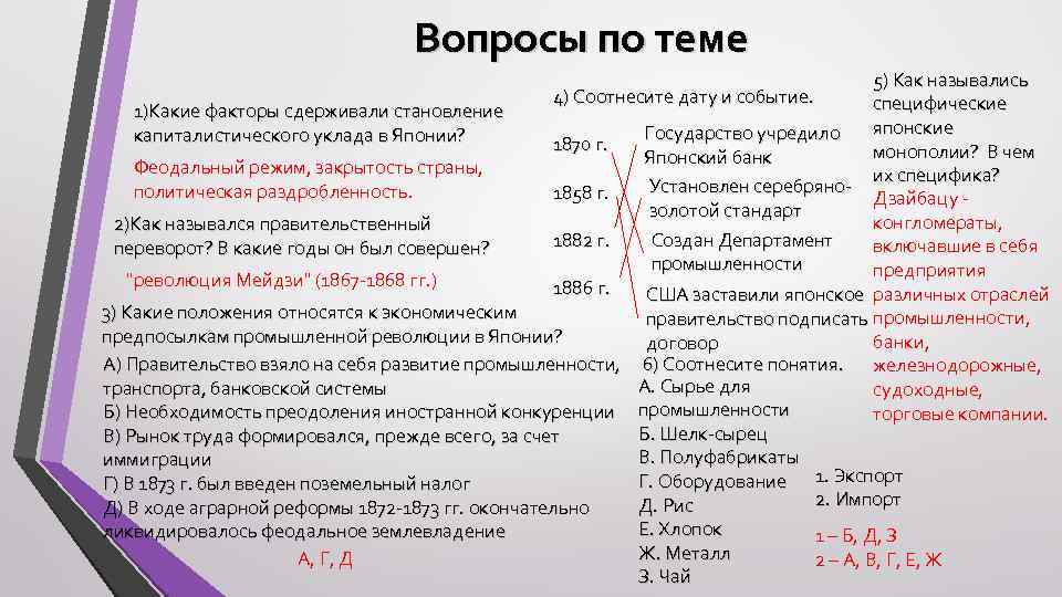 Вопросы по теме 5) Как назывались 4) Соотнесите дату и событие. специфические 1)Какие факторы