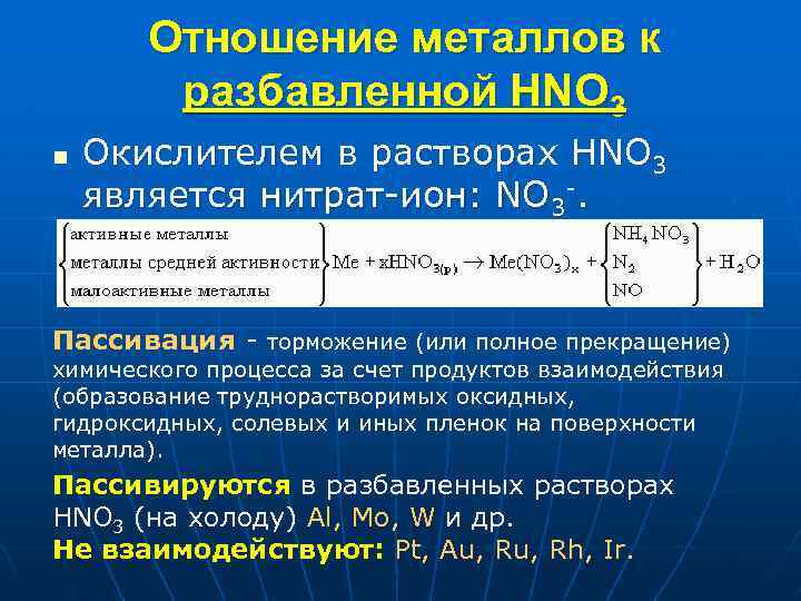 Отношение металлов к разбавленной HNO 3 n Окислителем в растворах HNO 3 является нитрат-ион: