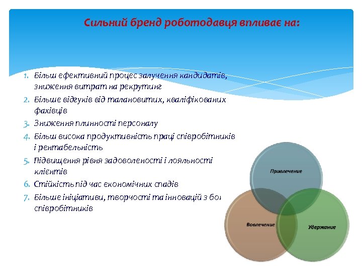 Сильний бренд роботодавця впливає на: 1. Більш ефективний процес залучення кандидатів, зниження витрат на