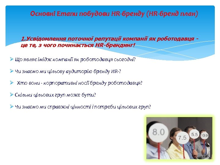 Основні Етапи побудови HR-бренду (HR-бренд план) 1. Усвідомлення поточної репутації компанії як роботодавця це