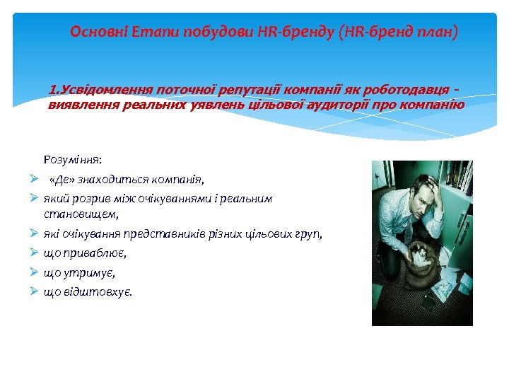 Основні Етапи побудови HR-бренду (HR-бренд план) 1. Усвідомлення поточної репутації компанії як роботодавця виявлення