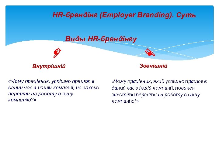 HR-брендінг (Employer Branding). Суть Виды HR-брендінгу ☞ Внутрішній «Чому працівник, успішно працює в даний