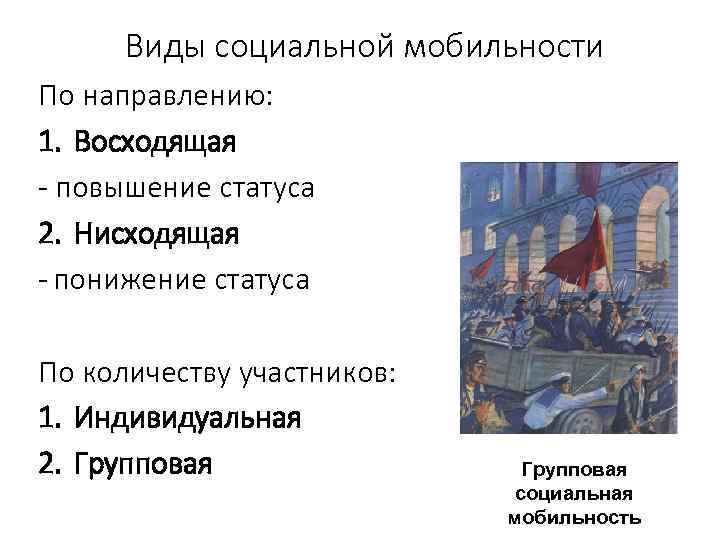 Виды социальной мобильности По направлению: 1. Восходящая - повышение статуса 2. Нисходящая - понижение