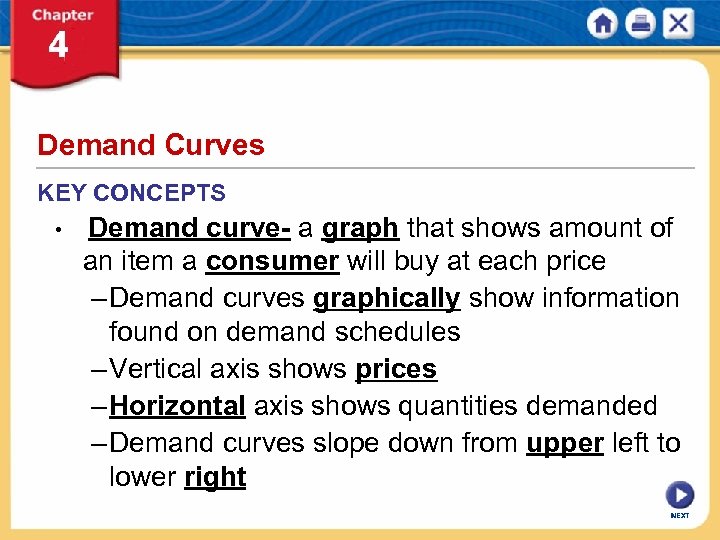 Demand Curves KEY CONCEPTS • Demand curve- a graph that shows amount of an