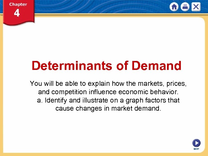Determinants of Demand You will be able to explain how the markets, prices, and