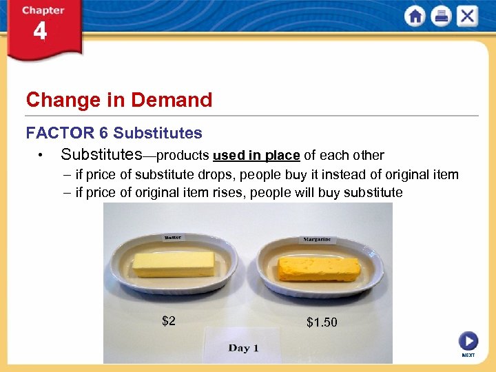 Change in Demand FACTOR 6 Substitutes • Substitutes—products used in place of each other