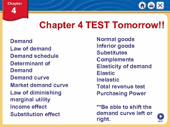 Chapter 4 TEST Tomorrow!! Demand Law of demand Demand schedule Determinant of Demand curve