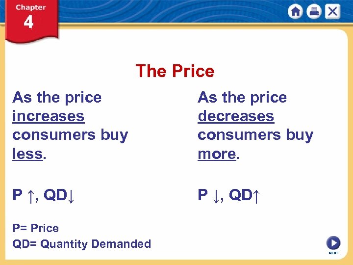 The Price As the price increases consumers buy less. As the price decreases consumers