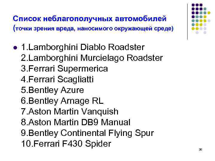 Список неблагополучных автомобилей (точки зрения вреда, наносимого окружающей среде) l 1. Lamborghini Diablo Roadster