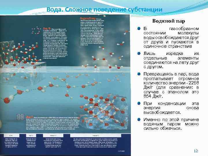 Вода. Сложное поведение субстанции Водяной пар В газообразном состоянии молекулы воды освобождаются друг от