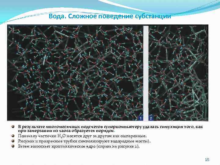 Вода. Сложное поведение субстанции В результате многомесячных подсчетов суперкомпьютеру удалась симуляция того, как при