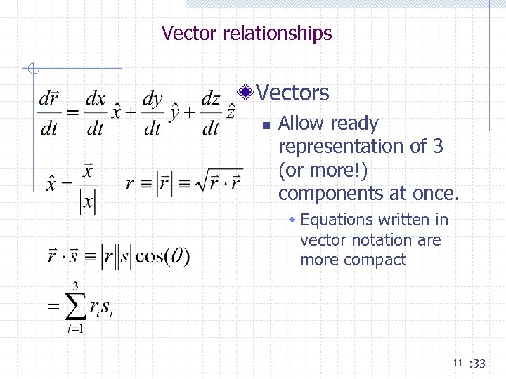 Vector relationships Vectors n Allow ready representation of 3 (or more!) components at once.