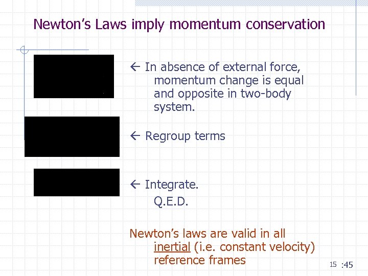 Newton’s Laws imply momentum conservation In absence of external force, momentum change is equal