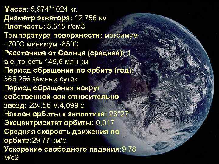 Масса: 5, 974*1024 кг. Диаметр экватора: 12 756 км. Плотность: 5, 515 г/см 3