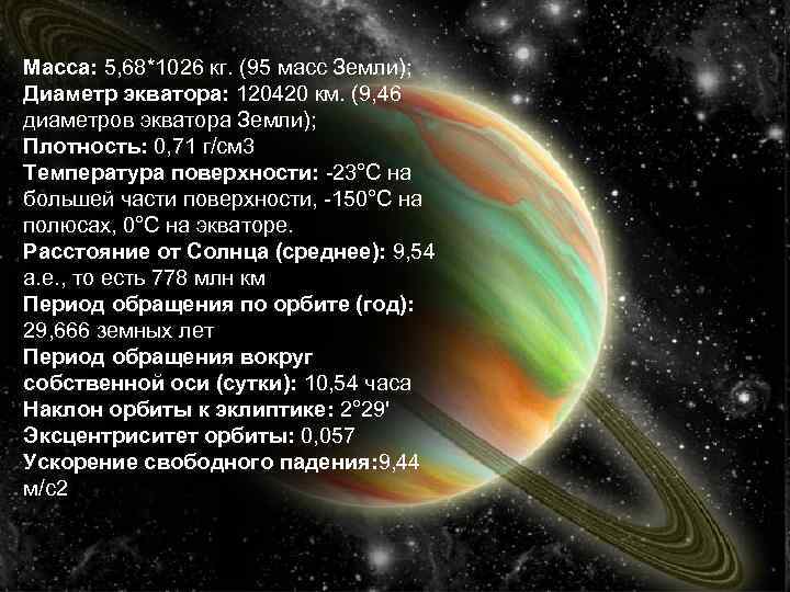 Масса: 5, 68*1026 кг. (95 масс Земли); Диаметр экватора: 120420 км. (9, 46 диаметров