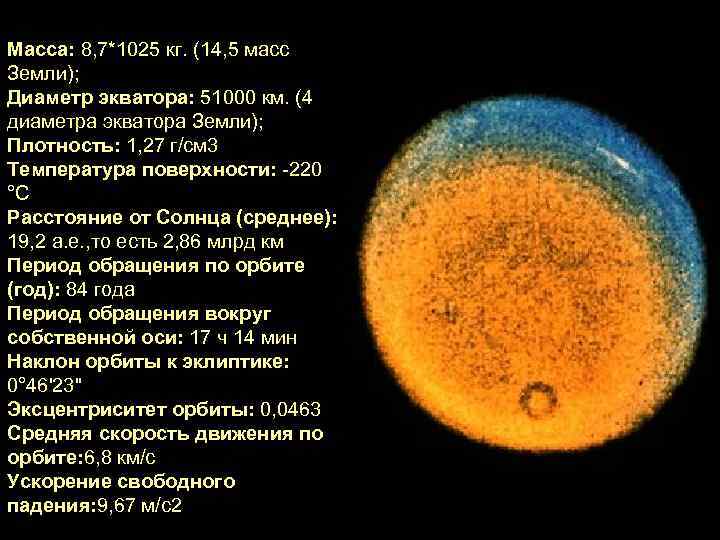 Масса: 8, 7*1025 кг. (14, 5 масс Земли); Диаметр экватора: 51000 км. (4 диаметра