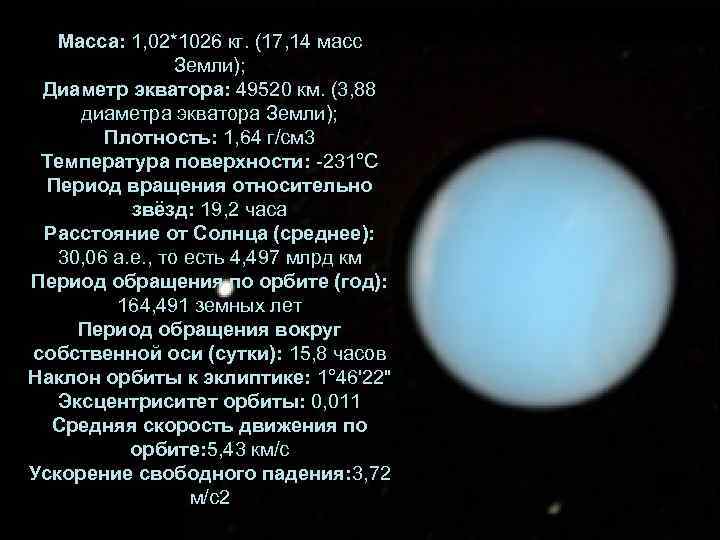 Масса: 1, 02*1026 кг. (17, 14 масс Земли); Диаметр экватора: 49520 км. (3, 88