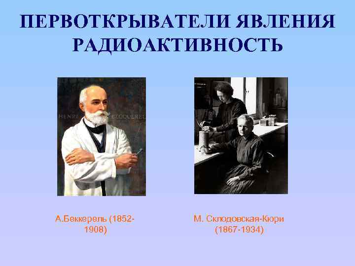 ПЕРВОТКРЫВАТЕЛИ ЯВЛЕНИЯ РАДИОАКТИВНОСТЬ А. Беккерель (18521908) М. Склодовская-Кюри (1867 -1934) 